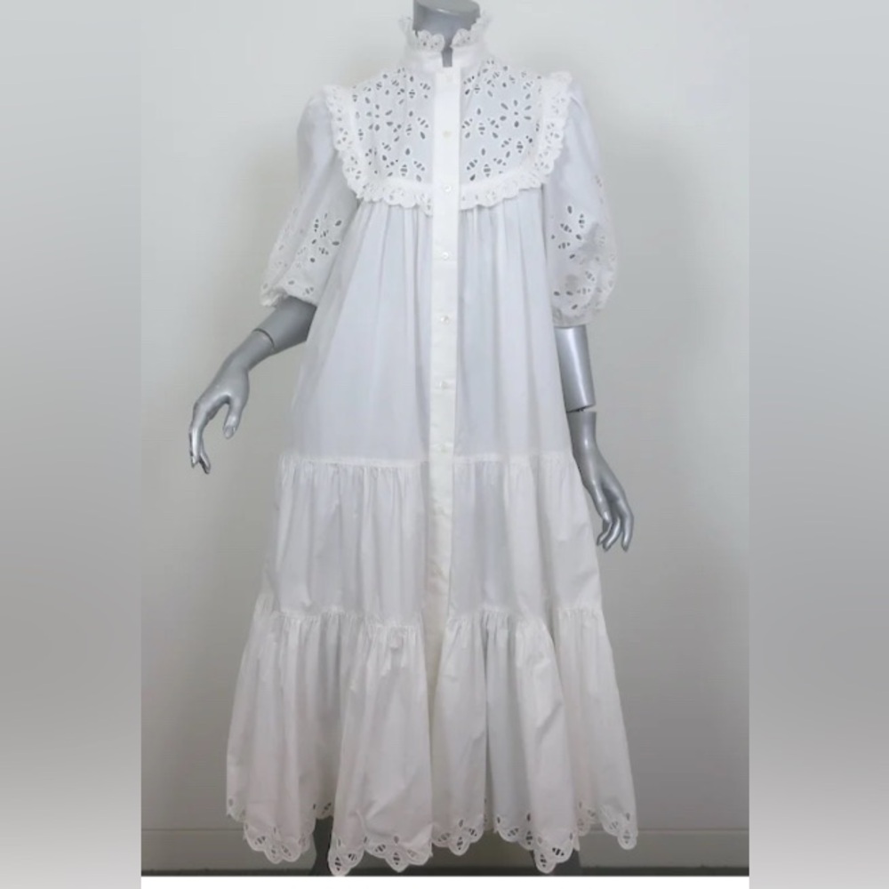 V.D.E.  VINSTER BRODERIE ANGLAISE TIERED MIDI DRESS WHITE COTTON SIZE small